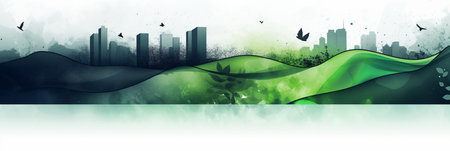 Banner. Eco city skyline with green grass and buildings. Abstract watercolor background. City landscape with skyscrapers. Place for text. Copy spaceの素材