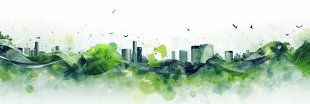 Banner. Eco city skyline with green grass and buildings. Abstract watercolor background. City landscape with skyscrapers. Place for text. Copy spaceの素材