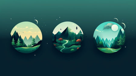 landscape on a green background in circles. Landscape with mountains and trees in the form of a ball. Ecology concept. Planet with trees and mountains.の素材