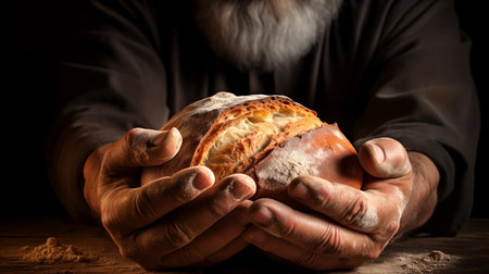 A man holds ready-made freshly baked bread in his hands. Expert Bakers Hands. Artfully Molding Bread with Delicate Precision, Enhanced by Soft Illuminationの素材