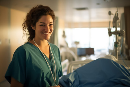 Young woman nurse smiling against hospital background. Young doctor, doctor. Beautiful girl in the uniform of a nurse. Generative AIの素材