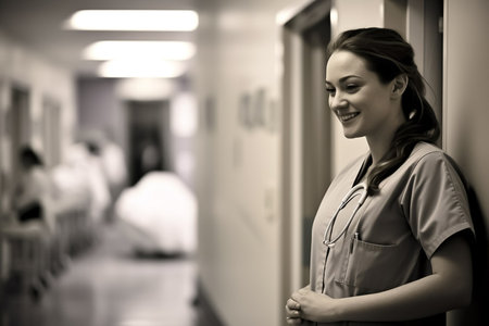 Young woman nurse smiling against hospital background. Young doctor, doctor. Beautiful girl in the uniform of a nurse. Generative AIの素材
