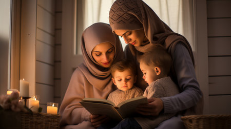 Serene Muslim Family Engaged in Gentle Quran RecitationSerene Muslim Family Engaged in Gentle Quran Recitation. Muslim woman in hijab with her sister and children.の素材