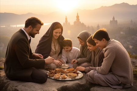 Ramadan Morning. Family Unity in Preparations for the Start of the Day with Breakfast and Prayersの素材