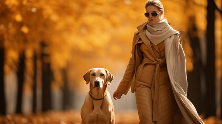A woman in glasses and a beige coat walks with a dog in an autumn park.の素材