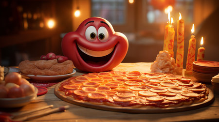 Cheerful Pizza Character in a Bright and Vibrant Atmosphere with Positive and Friendly Elementsの素材