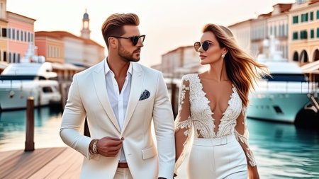 fashionable couple in sunglasses and suit walking along the pier with cruise ship. Generative AIの素材