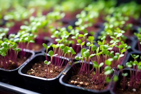 Microgreens of radish, arugula, sunflower, daikon. Close up of microgreen sprouts on black background. Healthy food concept. Generative AIの素材