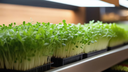 Microgreen sprouts growing in plastic tray, close-up shot. Healthy food concept. Generative AIの素材
