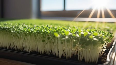 Microgreens of radish, arugula, sunflower, daikon. Close up of microgreen sprouts on black background. Healthy food concept. Generative AIの素材