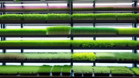 Close-up of microgreens growing in plastic boxes in supermarket. Healthy food concept. Generative AIの素材