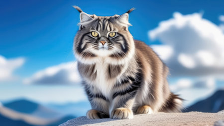 Cat Manul on the background of blue sky with clouds. Close up. Cat family. Generative AIの素材