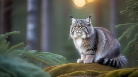 Portrait of a beautiful manul in the forest. Close up. Cat family. Generative AIの素材