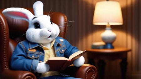 Cute rabbit reading book on sofa at home. Easter holiday concept. Generative AIの素材