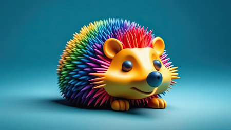 Hedgehog with colorful rainbow hair on blue background. Cute cartoon hedgehog. Generative AIの素材