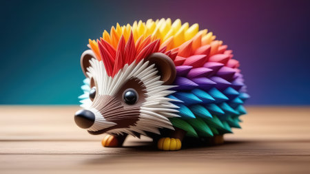 Hedgehog with colorful rainbow hair on blue background. Cute cartoon hedgehog. Generative AIの素材