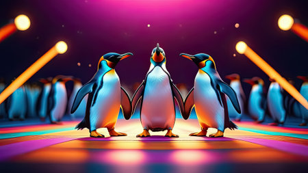 Group of penguins standing on stage with spotlights in the background. Generative AIの素材