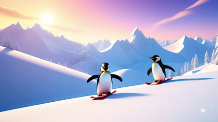 Penguins on snowboard in the mountains. Generative AIの素材