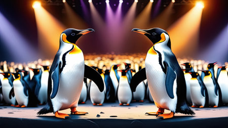 Group of penguins standing on stage with spotlights in the background. Generative AIの素材