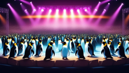 Group of penguins on a stage. Disco for penguins. Generative AIの素材