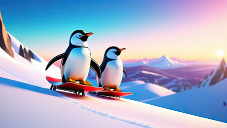 Penguins on snowboard in the mountains. Generative AIの素材