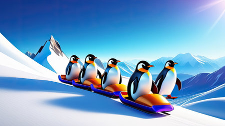 Penguins on snowboard in the mountains. Generative AIの素材