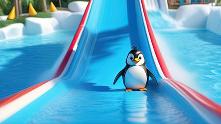 Penguin on water slide in aquapark. Banner for a water park. Generative AIの素材
