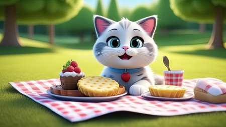 Cute cat with picnic basket and bottle of milk on the grass. cartoon cat Generative AIの素材