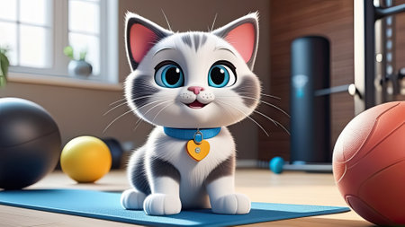 Funny cartoon cat sitting on a fitness mat and doing sports and yoga. Cartoon cat athlete. Generative AIの素材