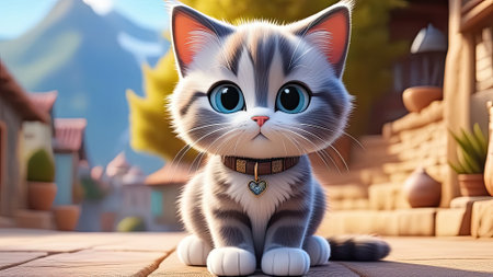 Cute cat on the street of the old town. Cartoon cat traveler. Generative AIの素材