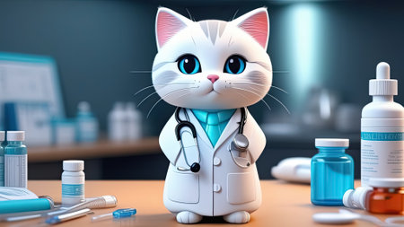 Cat doctor with stethoscope and medicine bottles. cartoon cat Generative AIの素材