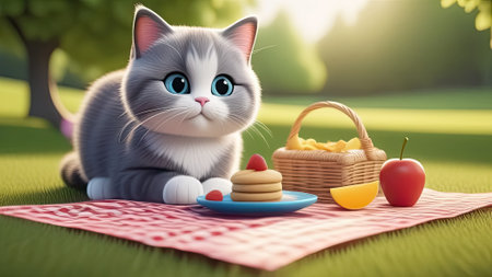 Cute cat with picnic basket and bottle of milk on the grass. cartoon cat Generative AIの素材