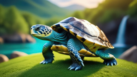turtle on the green grass in the forest. Vacation and travel concept. Generative AIの素材