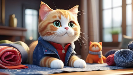 The cat is a seamstress and clothing designer. cartoon cat Generative AIの素材