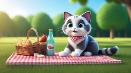 Cute cat with picnic basket and bottle of milk on the grass. cartoon cat Generative AIの素材