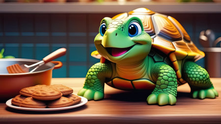 Turtle and cookies on wooden table in kitchen, closeup view. Generative AIの素材