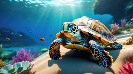 Turtle on the coral reef. 3d render. Underwater world. Vacation and travel concept. Generative AIの素材