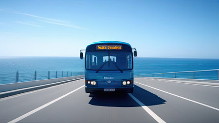 Blue Bus on a Road with the Sea in the Background. Transportation Concept. Generative AIの素材