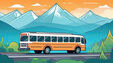 Bus on the Road in the Mountains. Bus tour. Generative AIの素材