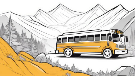 Bus on the Road in the Mountains. Bus tour. Generative AIの素材