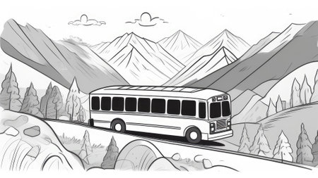 Bus on the Road in the Mountains. Bus tour. Generative AIの素材