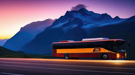 Bus on the Road in the Mountains. Bus tour. Generative AIの素材