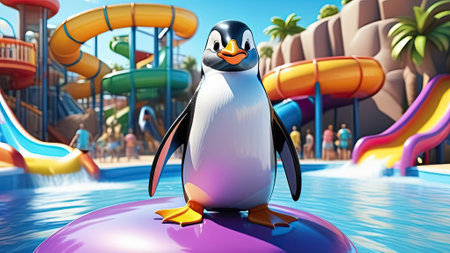 Penguin on water slide in aquapark. Banner for a water park. Generative AIの素材