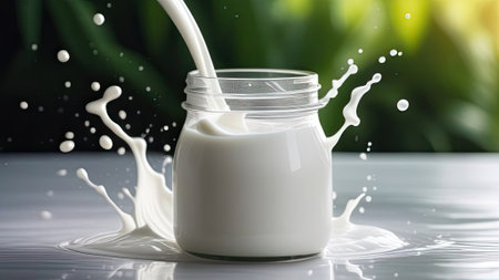 Milk splash out of glass jar on white background. Close upの素材