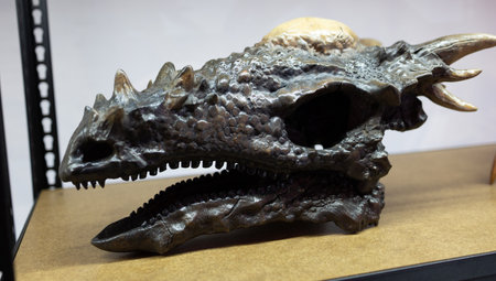 The skull of a dinosaur on a white backgroundの写真素材