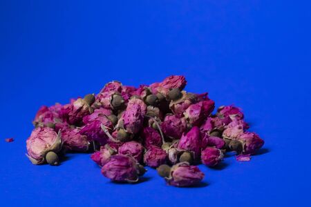 A lot of little pink roses on a blue background - horizontal photoの写真素材