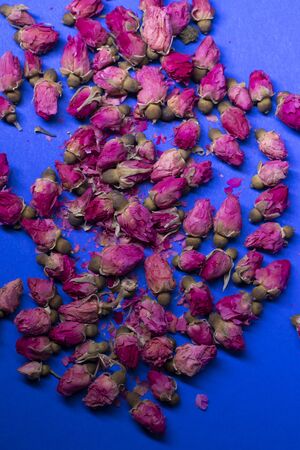 A lot of little pink roses on a blue background - horizontal photoの写真素材