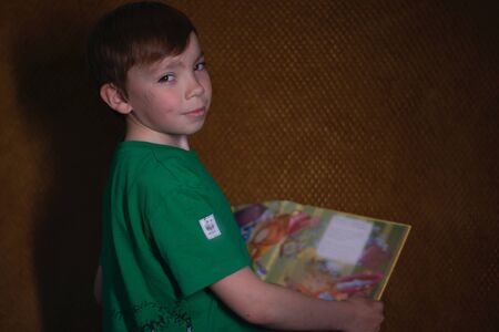 portrait of a pensive nine year old blond boy in a green t-shirt on brown background reading a...