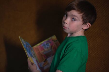 portrait of a pensive nine year old blond boy in a green t-shirt on brown background reading a...