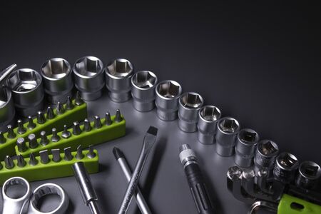 A set of building tools and instruments for repair in black and green colour. Must-have for men....